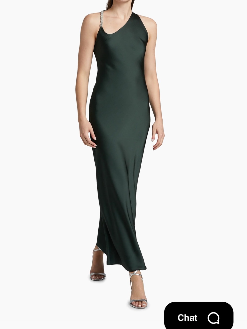 One-Shoulder Emerald Satin Gown with Crystal Strap